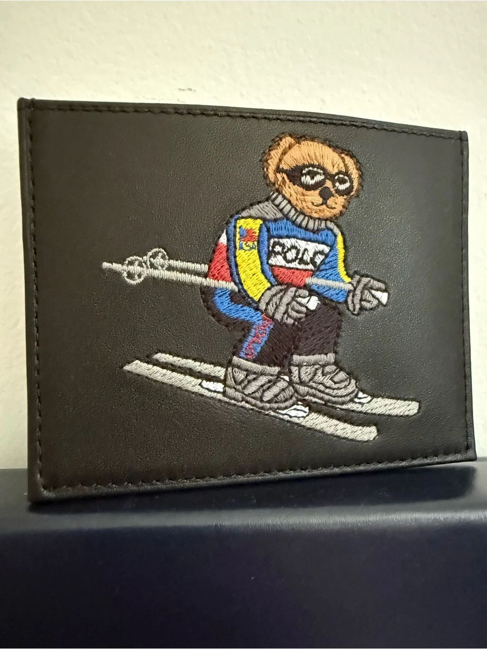 Polo Ralph Lauren Embroidered Ski Bear Leather Card Holder Black NWT OS